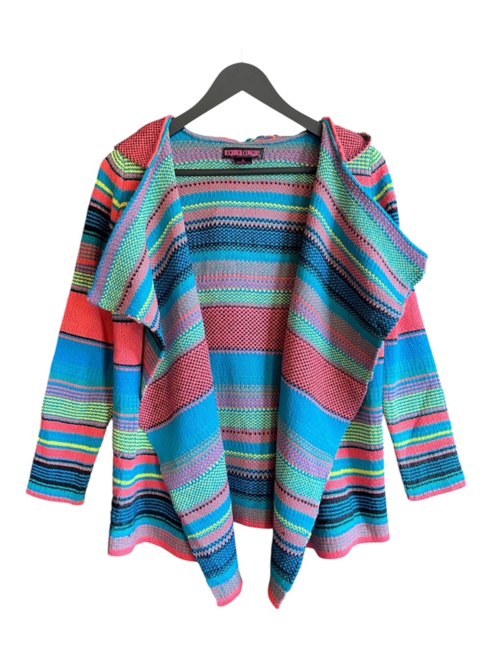 Rock & Roll Cowgirl Hooded Striped Cardigan Sweater Western Boho Size Large